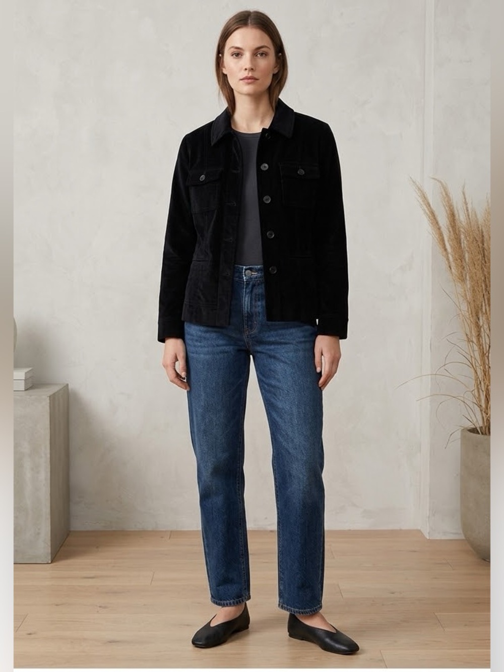 Black Velveteen Utility Cargo Jacket | Stretch Cotton Button Front Size 8